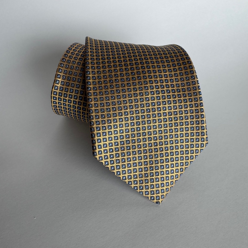 Tommy Hilfiger Mens Silk Tie Gold Navy Blue Geometric Square Pattern Classic